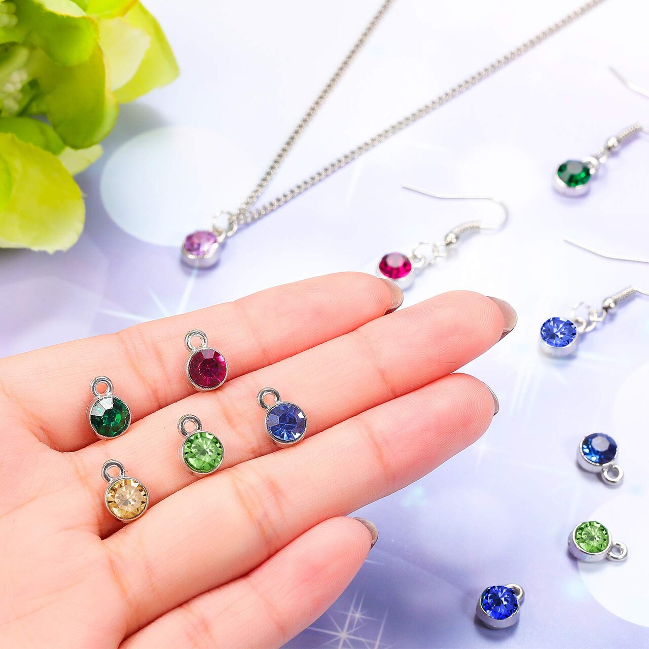 108 Pieces Crystal Birthstone Charms DIY Jewelry Necklace Bracelet Beads Pendant with Rings Mixed Handmade Round Crystal Charm for Earring Making Supplies, 7 mm, 12 Colors (Light)